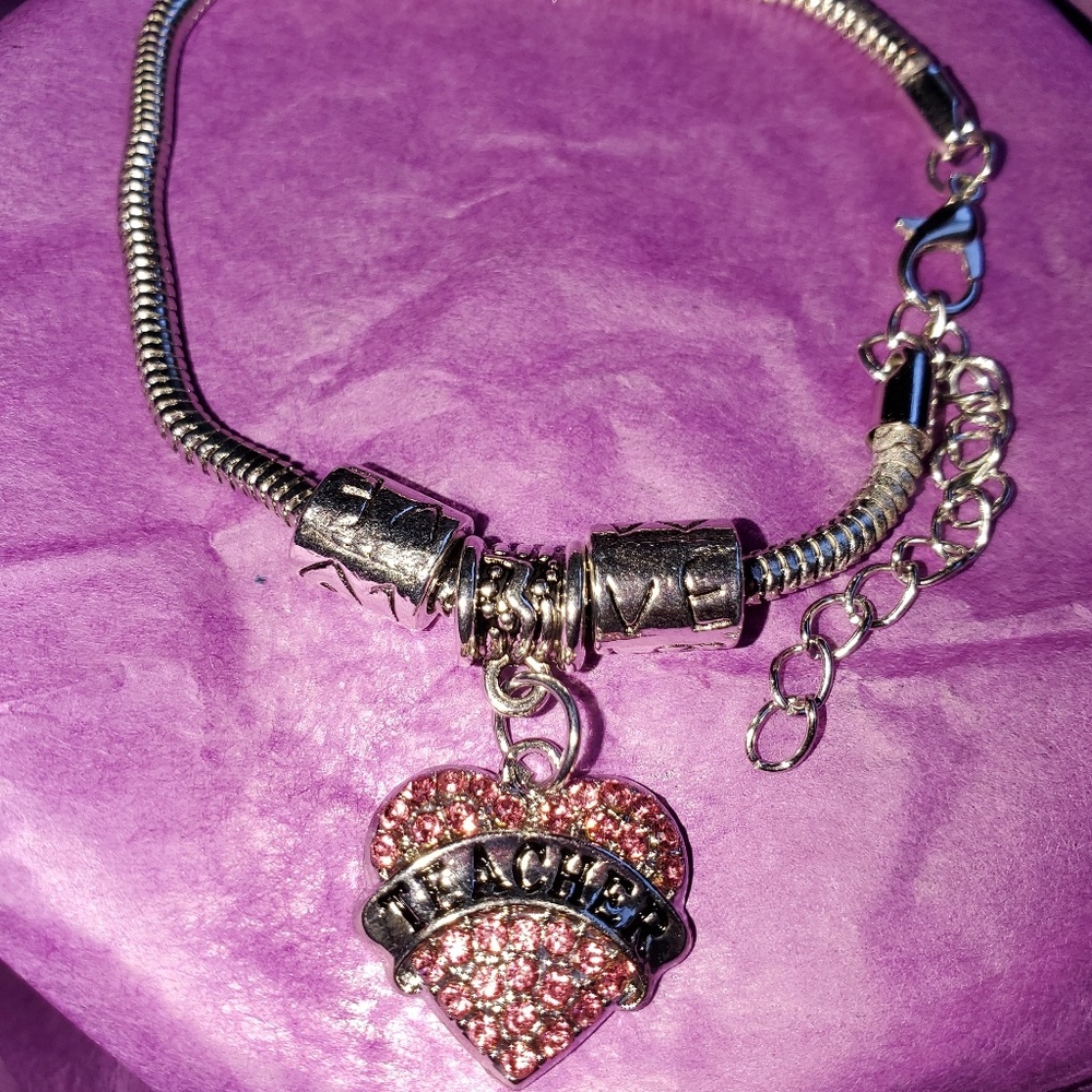 New! Pink/Silver Colored Charm Teacher Bracelet